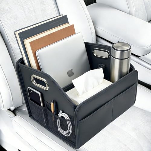 SportySizz Car Storage Organizer Foldable with Removable Dividers PU Leather Seat Organizer with Metal Handle Non-Slip Stable Design Passenger Front Seat Storage for Back Seat & Floor 12.6 Inches