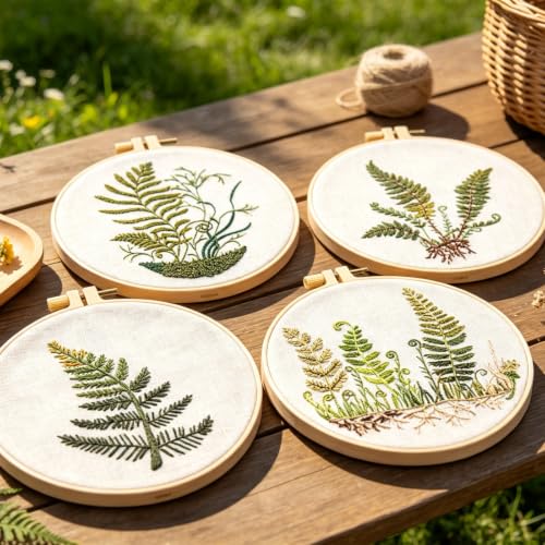Image of Fern Botanical Embroidery Kits for Beginners Adults, Vintage Plant Embroidery Sets Needlepoint Kits, Stamped Cross Stitch Kits for Beginners Adult, 4 Embroidery Hoops, Fabric (Attached Video Tutorial)