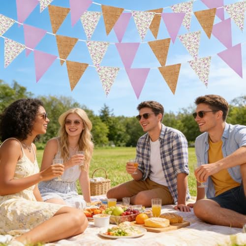Image of Zwiebeco 39Ft Purple Floral Fabric Pennant Banner Vintage Burlap Triangle Flag Retro Flower Bunting Party Decoration for Birthday Engagement Wedding Bridal Baby Shower Rustic Village Home Garden Decor