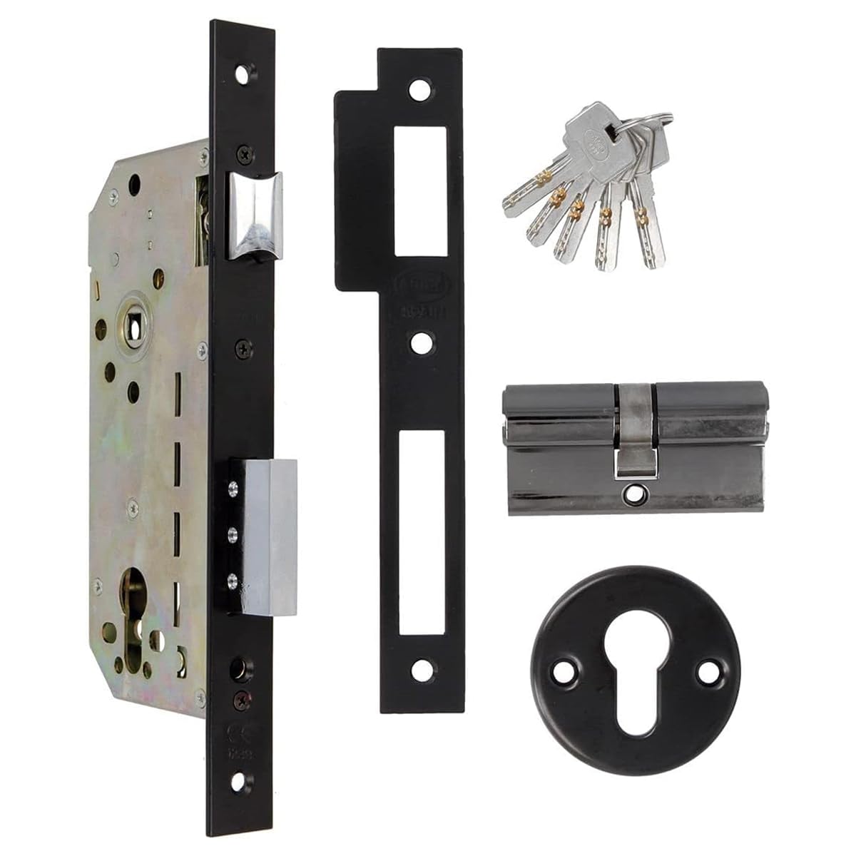 Amig - Cerradura de Embutir con Cilindro de Seguridad y Bocallave + 5 Llaves - Para Puertas de Madera de Entrada - De Acero Acabado en Negro - Picaporte Reversible - Para Manilla de 8 mm