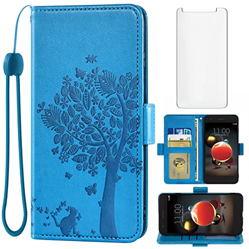 Phone Case for LG Aristo 2 3 Plus/Rebel 4 LTE/Tribute Empire Dynasty/Zone 4/K8 Plus 2018 K8S/Fortune 2/Phonenix 4/Risio 3 with Screen Protector Flip Wallet Cell Cover Aristo3+ Astro 2+ 3+ K8+ 4G Blue