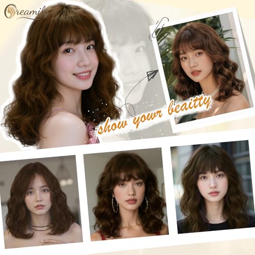 Image of Creamily Short Bob Wavy Hair Wig for Woman Full Head Natural 14 Inches Loose Curly Chestnut Brown Shoulder Length Synthetic Wigs with Bangs