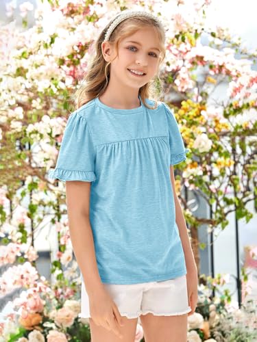 Image of Ebifin Girls Short Sleeve Tops Kids Peplum Babydoll T Shirts Tees 4-15Y | Girls T-Shirts, Crew neck Short Sleeve Shirts, Casual Tunic Tops, Cute Blouses, Summer Tees, Ruffle Hem, Loose fit
