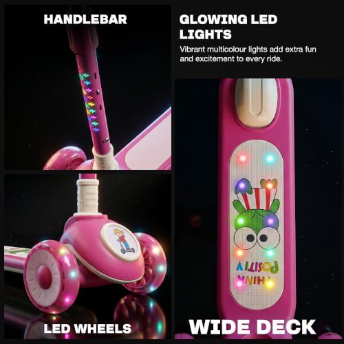 Image of Baybee Rydelle 3 Wheel Kick Scooter for Kids with LED Light Up Wheels & Music | Foldable, 3 Height Adjustable Kid Scooter Handle & Brake | Runner Scooters for Kids 2 to 10 Years Boys Girls (Red)