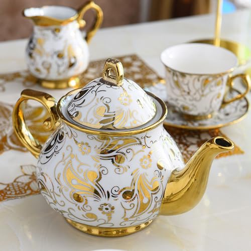 Ceramiczny zestaw filiżanek do kawy, 16-częściowy zestaw do herbaty ze złotą naklejką, zawiera czajniczek, kubki, spodki i cukiernicę na popołudniową herbatę i kawę