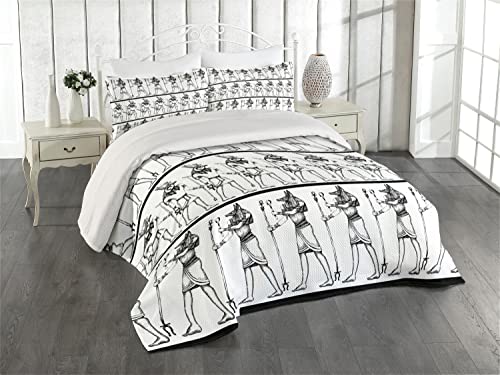 Ambesonne Egyptian Print Coverlet, Hieroglyphics with Anubis Traditional Cultural Mummy After Life Art, 3 Piece Decorative Quilted Bedspread Set with 2 Pillow Shams, King Size, Orange Green