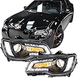 2PCS Headlights Assembly with Bulbs For 2011-2014 2015-2020 2021 2022 2023 Chrysler 300 Base S C Touring Limited Replacement Headlamp Black Housing Clear Reflector With LED Daytime Running Light