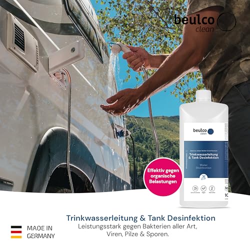 BEULCO CLEAN - Trinkwasserleitung & Tank Desinfektion 1 Liter Flasche - Wasserleitung & Wassertank Desinfektion & Reinigung für Wohnmobil, Wohnwagen & Caravan - Tankreiniger für Frischwasser 1L