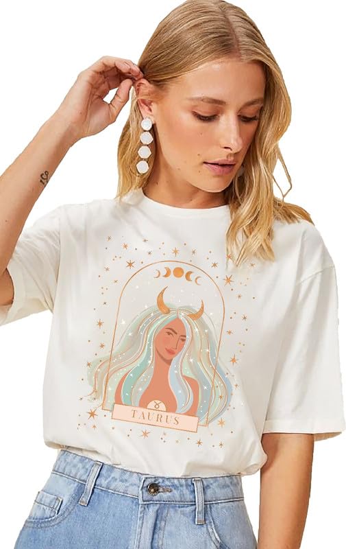 VLAMLoose Fit Taurus Women Art Tshirt for Women | Trendy Oversized Sun Sign Tshirt for Women/Girls