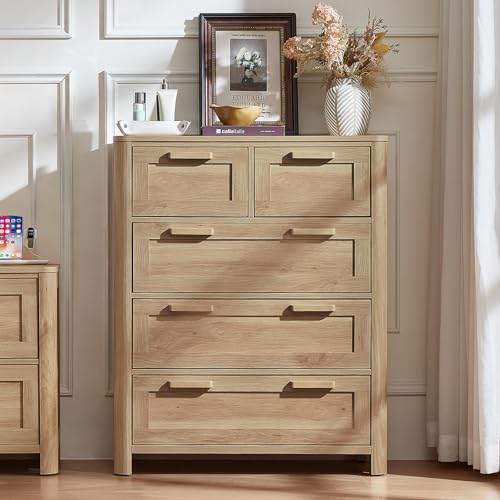 Image of Joaxswe Farmhouse 5 Drawer Dresser for Bedroom, Vertical Dressers Chest of Drawers with 5 Deep Drawers & 4 Thickened Table Legs, Natural Wood