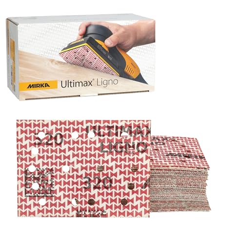 Image of Mirka Ultimax Ligno 3x4 in 320 Grit Wood Sanding Sheets Hook & Loop 50 Pack | Woodworking Sandpaper for Orbital Sanders with Multifit Holes, Fast, Even Cut and Dust Extraction on Hardwood and Softwood