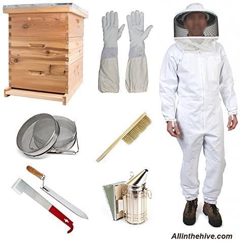 Bee Keeping Beehive Starter Kit. Langstroth BeeHive, 2 brood chambers and a super unassembled, all frames and wax included, beekeeper suit, gloves, smoker and pellets, J Hive tool, Uncapping Knife and Strainer