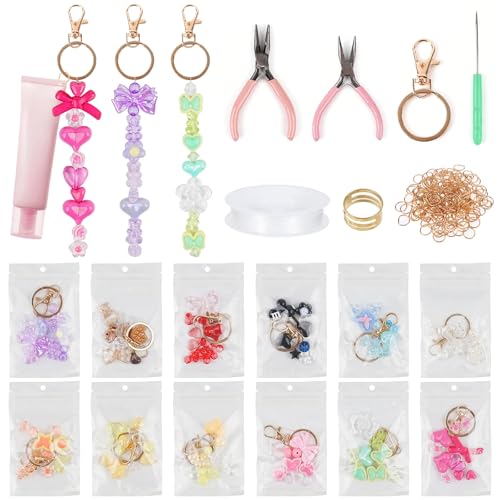 Lainballow 12 Set Lip Gloss Keychain Making Kit, Jewelry Making Supplies Including 120 Acrylic Beads in 12 Colors, 12 Keychain Clips, 32.8 Ft Rope, DIY Bag Charm Kit for Craft Supplies