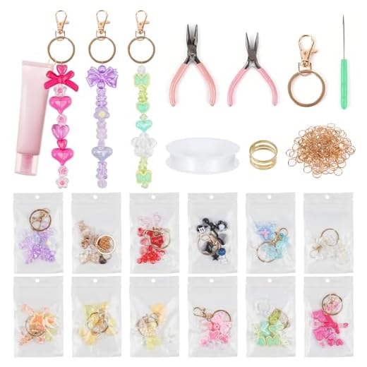 Lainballow 12 Set Lip Gloss Keychain Making Kit, Jewelry Making Supplies Including 120 Acrylic Beads in 12 Colors, 12 Keychain Clips, 32.8 Ft Rope, DIY Bag Charm Kit for Craft Supplies