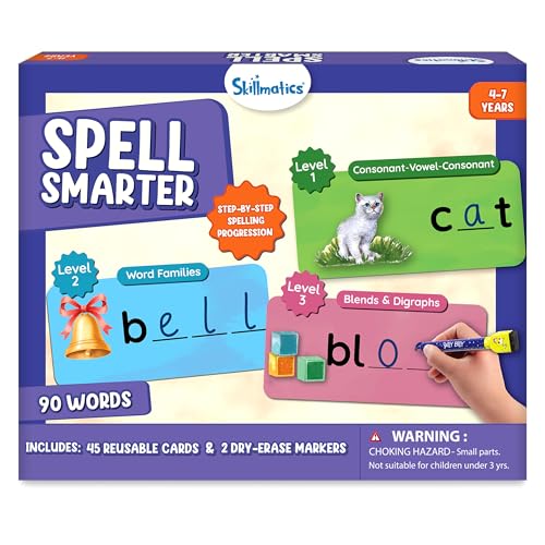 Image of Skillmatics Spell Smarter - Phonics & Spelling Write and Wipe Flashcards, Learn to Read with CVC Words, Blends & Digraphs, Preschool Kindergarten Homeschool Activity, Gift for Kids Ages 4, 5, 6, 7