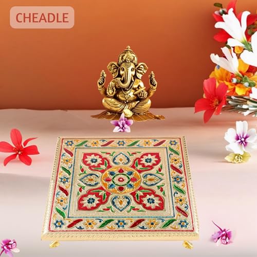 Image of CHEADLE Handcrafted Wooden Pooja Chowki, Multicolor, 12x12 inch