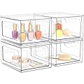 SpaceHacks 4 Pack Stackable Plastic Makeup Organizer Drawers, Acrylic Organizers, Clear Storage Bins with Pull-Out Handles for Vanity, Kitchen Cabinets, Pantry