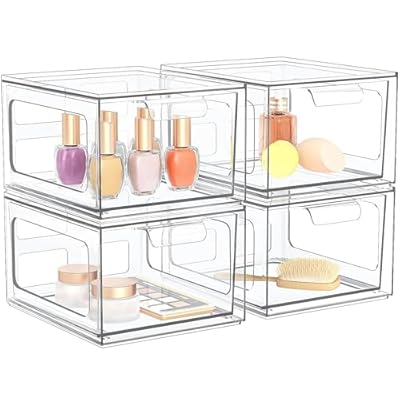 SpaceHacks 4 Pack Stackable Plastic Makeup Organizer Drawers, Acrylic Organizers, Clear Storage Bins with Pull-Out Handles for Vanity, Kitchen Cabinets, Pantry