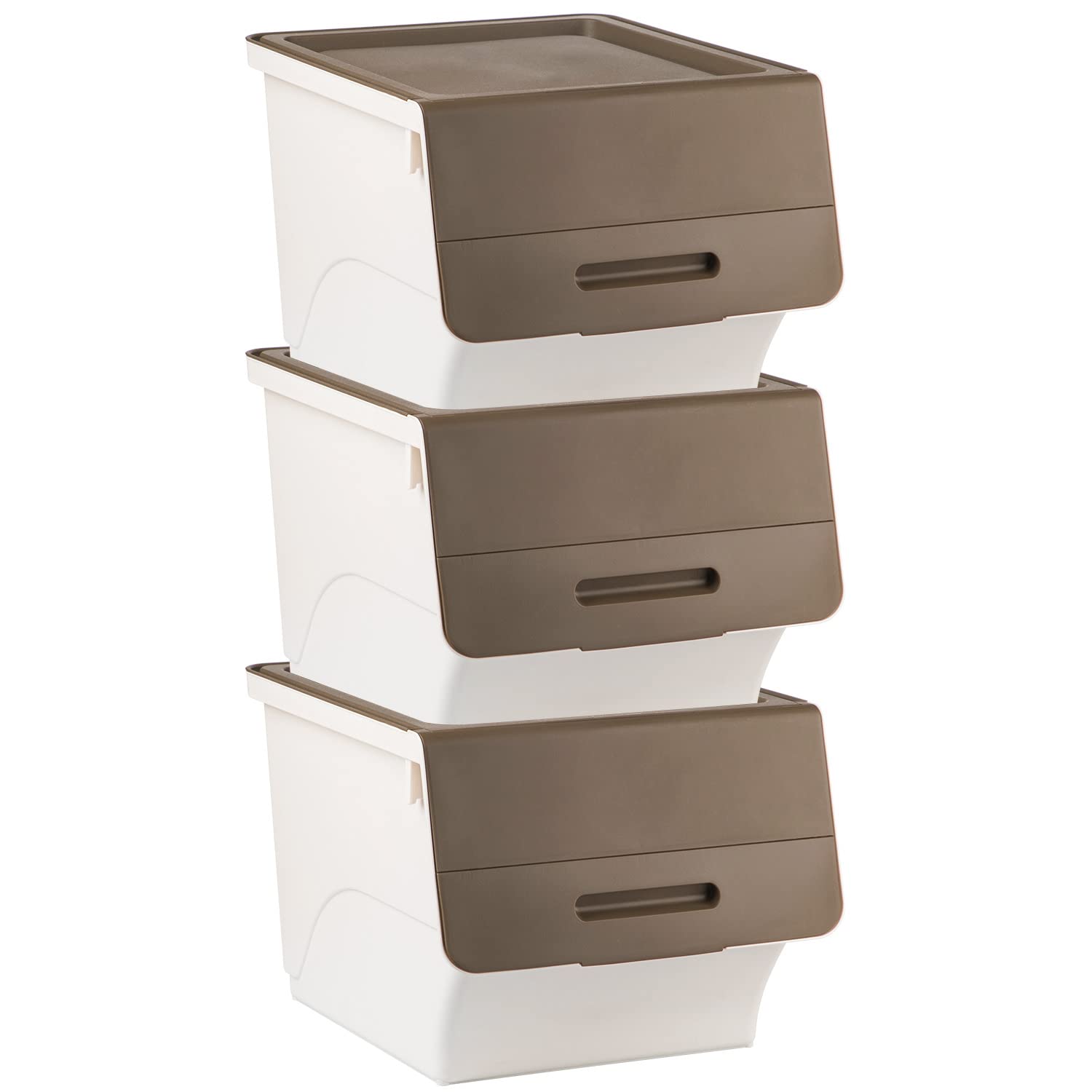Plastic Storage Boxes with Hinged Lids for Multi Use in Bedroom,Kitchen, Bathroom, Office, Reinforced-Strong Durable Stackable Storage Bin, Pack of 3, 35 Quart/each (Brown)