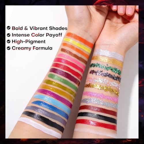 KIMUSE Face Paint Palette for Halloween Makeup, 18 Colors Face Painting Kit, 8 Glitters, 3 Lip Creams & Setting Powder, Halloween Makeup Kit for Cosplay, Costume, Festival, Kids & Adults - image 4
