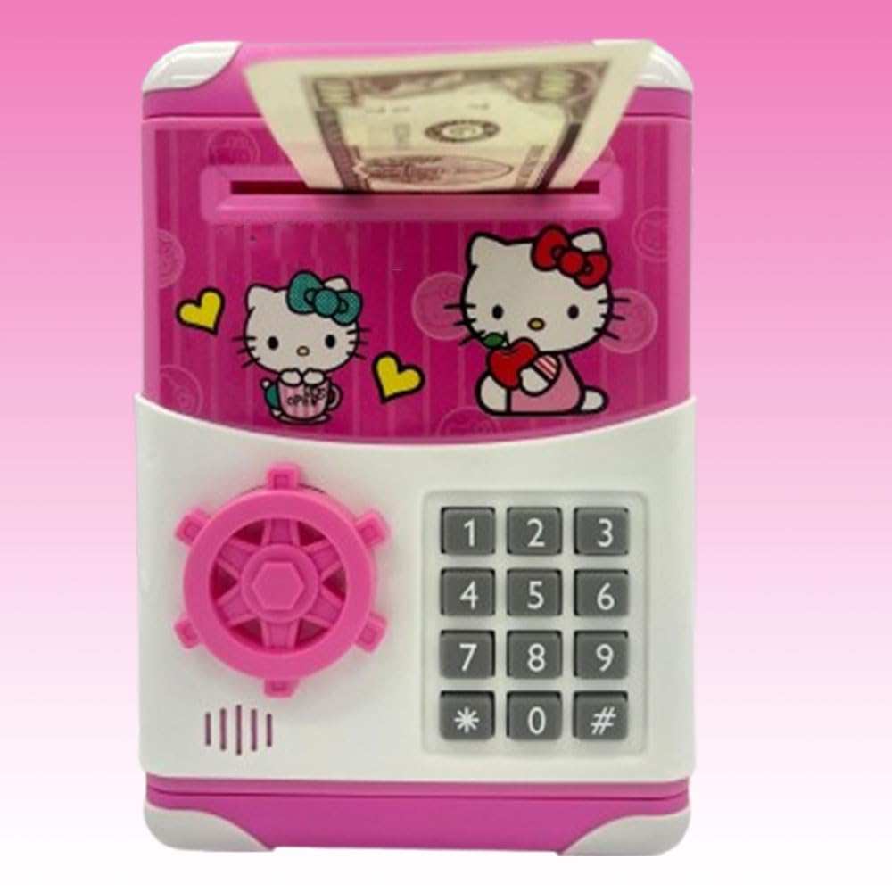 S SGTT PRO Piggy Bank for Kids Boys Girls Electronic, Money Bank with Password Lock Cash Coin Auto Scroll Saving Box, Mini ATM Coin Bank for Children Best Birthday Gifts (HELL0 KITY)