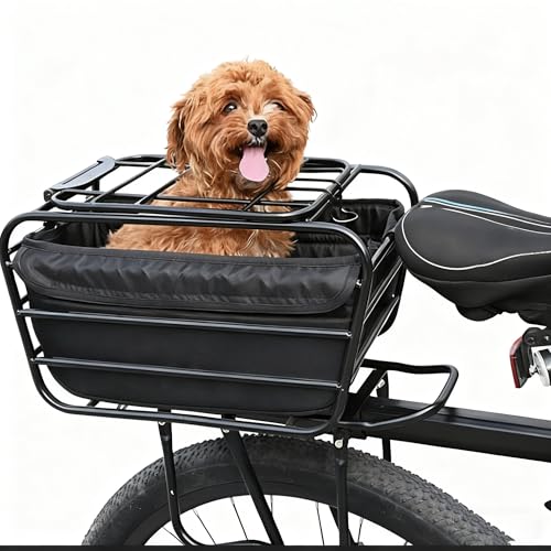 Bicycle Dog Carrier Basket, Heavy-Duty Rear Bike Pet Crate with Secure Top & Padded Insert, Steel Dog Bike Seat for Small/Medium Dogs, 17.3″×13.4″×9.8″(Small)