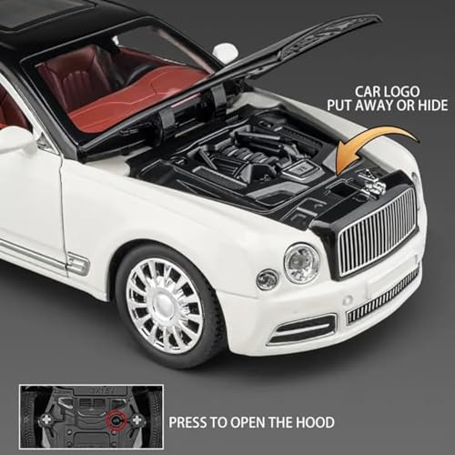 Image of Invte Enterprise 1:24 Bentlley Mulsanne White /Black Die-Cast Metal Pull Back Car with 6 Openable Doors with Sound and Light Toy Decoration car Best Gift Toys for Kids 【White /Black】