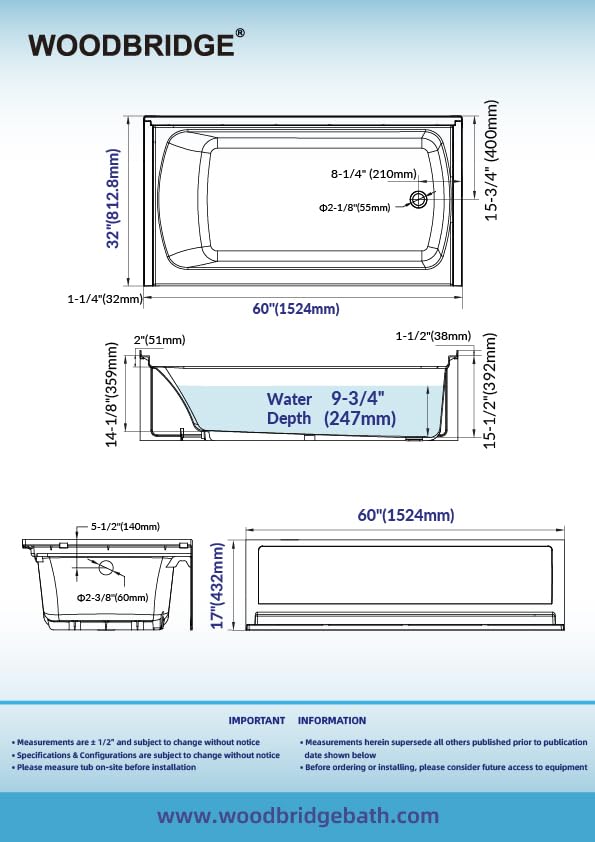 Image of WOODBRIDGE 60 inch x 32 inch Alcove Soaking Bathtub in white with Right-Hand Drain Hole