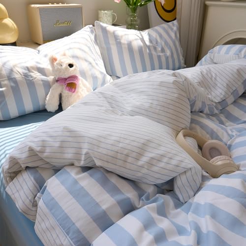 Image of VM VOUGEMARKET Queen Duvet Cover Set Blue White Striped Teens Boys Dorm Bedding Set Soft Lightweight Reversible Microfiber Farmhouse Duvet /Quilt Cover with Zipper-90 x90,Blue White