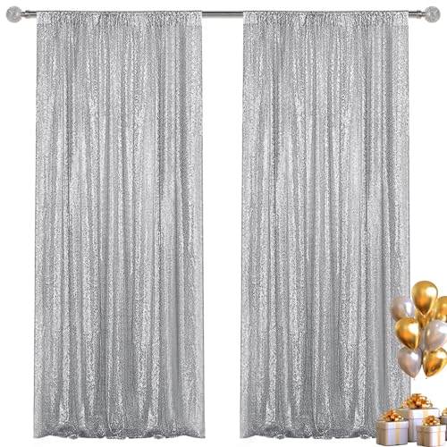 Yblut Silver Sequin Backdrop Curtain 2 Pieces 2FTx8FT Glitter Photography Backdrop for Party Wedding Birthday Christmas Decorations