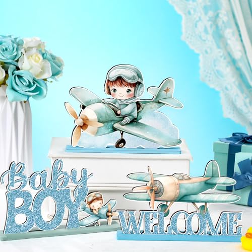 Image of Realspring 6 Pcs Airplane Baby Shower Decorations Airplane Wooden Table Centerpieces for Boy 1st Birthday Party Aircraft Theme Party Decoration It's a Boy Baby Shower Supplies