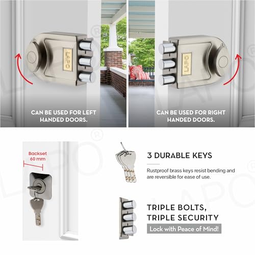 Image of LAPO Main Door Tri-Bolt Deadbolt Lock, Premium Satin Matt Finish,Heavy Duty Wooden Door Lock with Fixed Cylinder&4 Brass Keys,Suitable for Inside&Outside Opening,High Security for Home,Office & Hotel