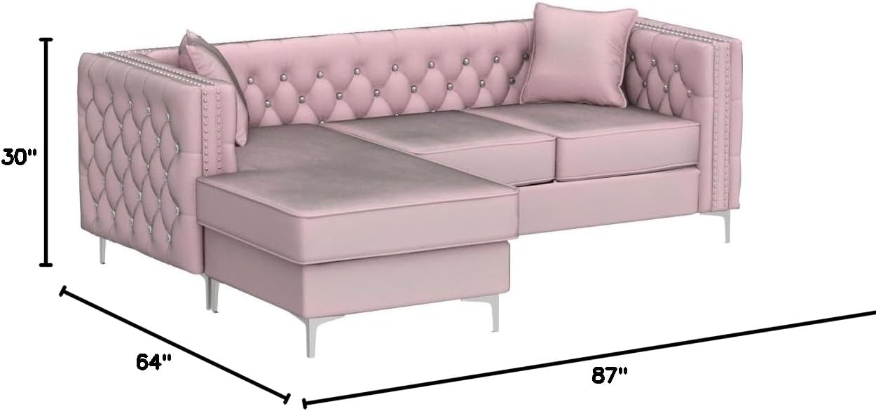 Glory Furniture Paige Velvet Sofa Chaise in Pink