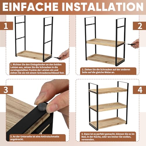 ohbien 3 Etagen Standregal Badezimmer Organizer, Badezimmer Regal Holz mit Metallgestell, Küchen Gewürzregal Standregale, Schreibtisch Organizer für Küche Schminktisch Kommode