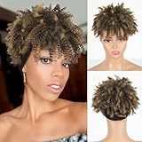 Aisaide Afro Ombre Brown Kinky Curly Headband Wig with Bangs - Synthetic Afro Puff Wrap Wig, 4 inch