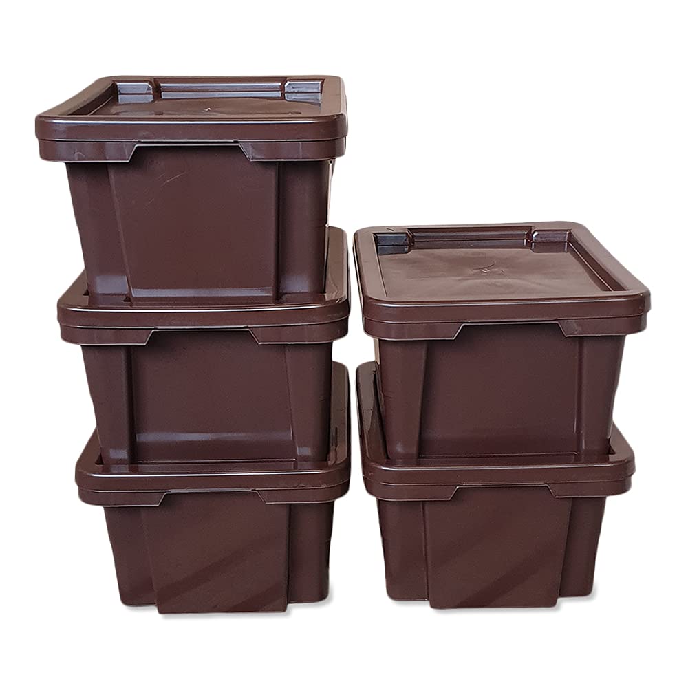 kanister-vertrieb® 5er-Set Aufbewahrungsbox Spielzeugkiste Kunststoffbox Box mit Deckel stapelbar, für Lebensmittel, PP-Kunststoff, 20 L, 43x35x23 cm (braun)