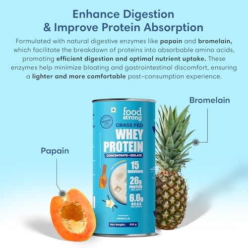 Image of Foodstrong Whey Protein Powder (Concentrate + Isolate), 100% Hormone Free Grass-Fed Whey, 26G Protein & 6.6G BCAA, Vanilla, With Turmeric & Digestive Enzymes, (15 Sachets), 525G