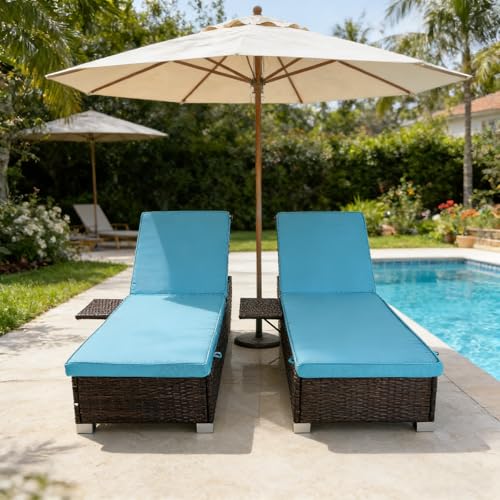 Outdoor Chaise Lounge Chairs Set of 2 with Side Table All-Weather Wicker Pool Lounge Chair 5-Position Adjustable Backrest Removable Blue Cushion Rattan Sun Lounger for Patio Poolside Backyard