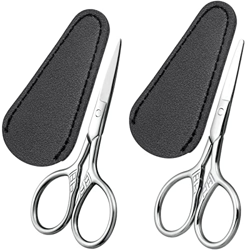 Chanzet Eyebrow Trimmer Scissors 2Pcs, Mustache Beard Ear Nose Facial Hair Grooming Scissors For Men Women, Stainless Steel Safety Straight Tip Round Small Mini Beauty Trimming Scissors With Pu Case #TOP12