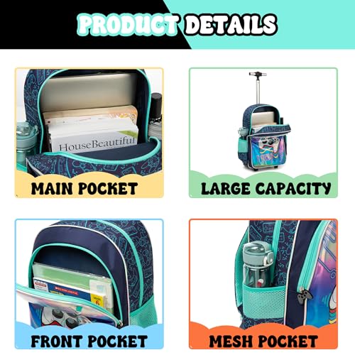 Meetbelify Kids Backpacks with Wheels for Boys Football Rolling Backpack with Lunch Box for Elementary Students Trip Luggage for Boys Ages 6-84