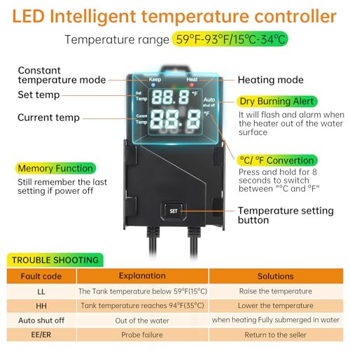 Image of hygger - Aquarium Heater with Intelligent Temperature Controller, 1000W for 130-260 Gallon Fish Tank Submersible Heater with Automatic Heating System for Freshwater