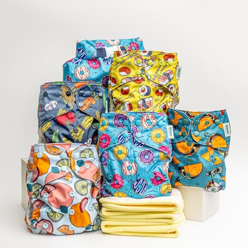 Image of Kinder Cloth Diapers Set of 5 Reusable Baby Diapers Pocket Style Athletic Wicking Jersey, Bamboo Viscose Inserts, Wet Bag, Newborn to Potty Training 7-60lbs, One Size (Foodie)