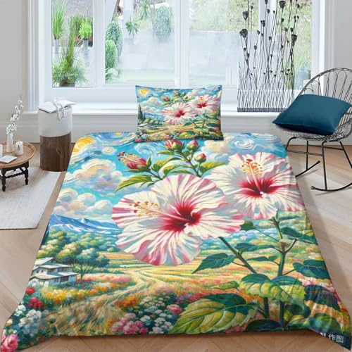 Housse de couette hibiscus 3D en microfibre douce pour lit simple enfant