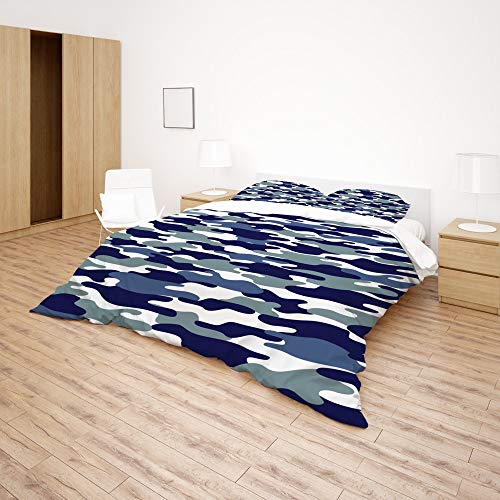 Housse de couette sans pli parure lit double camouflage bleu anti bouloche - 5