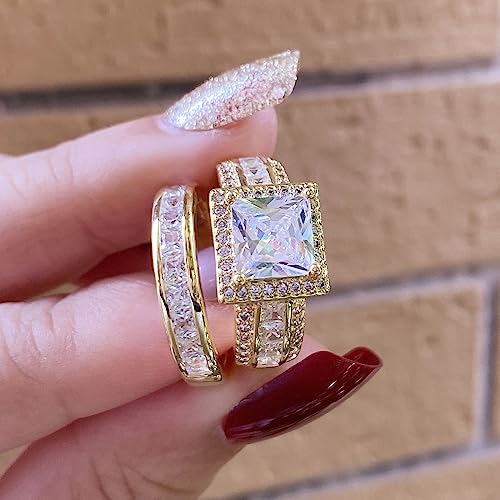 Cejug 3Ct Halo Princess Engagement Ring Set Wedding Bands For Women 18K Yellow Gold Plated Cz Rings Size 7 #TOP3