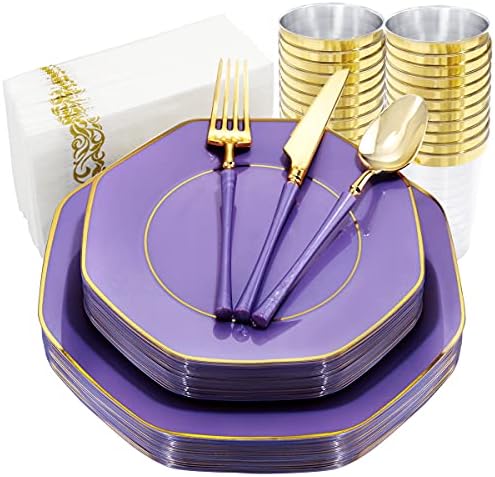 KIRE 140Pcs Purple Plastic Plates with Gold Rim& Gold Disposable Plastic Silverware with Purple Handle&Clear Gold Cups&Hand Napkin- Geometric Purple Plastic Plates for Parties&Mothers Day