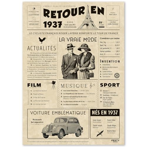 FestySpark Cadeau Original Retour en 1937 - Idée Cadeau 89 Ans femme et homme - Carte Anniversaire 89 ans femme et homme - Decoration Anniversaire 89 ans - Carte d’Anniversaire avec Félicitations