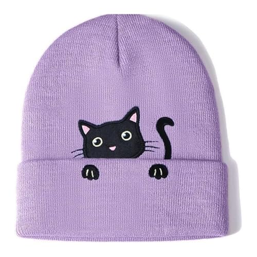 Kinretixia Lila Strickmütze mit Katzenmotiv, Niedliche Beanie für Frauen und Mädchen, Handgefertigte Wintermütze, Anime Mütze, Unisex Bestickte Winter Accessoires