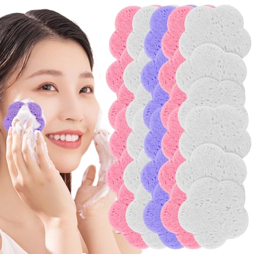 Esponjas faciales, almohadilla comprimida natural en forma de flor | Almohadillas exfoliantes faciales, para maquillaje de piel sensible, esteticista diario, viajes, ducha, spa, hogar, noche