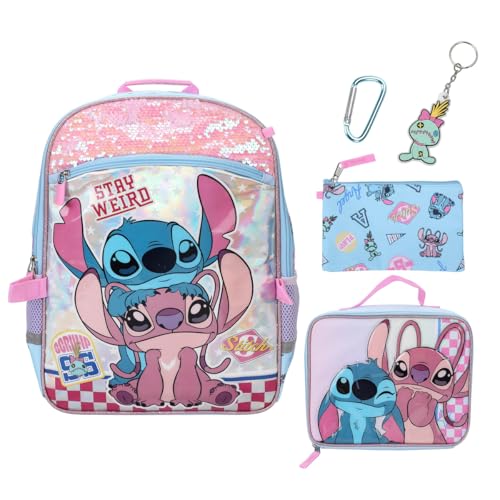 BIOWORLD Girls Stitch and Angel Holographic 16 Backpack Lunch Set Set Lunch Bag Keychain Utility Case (Little Kid/Big Kid) Pink One Size